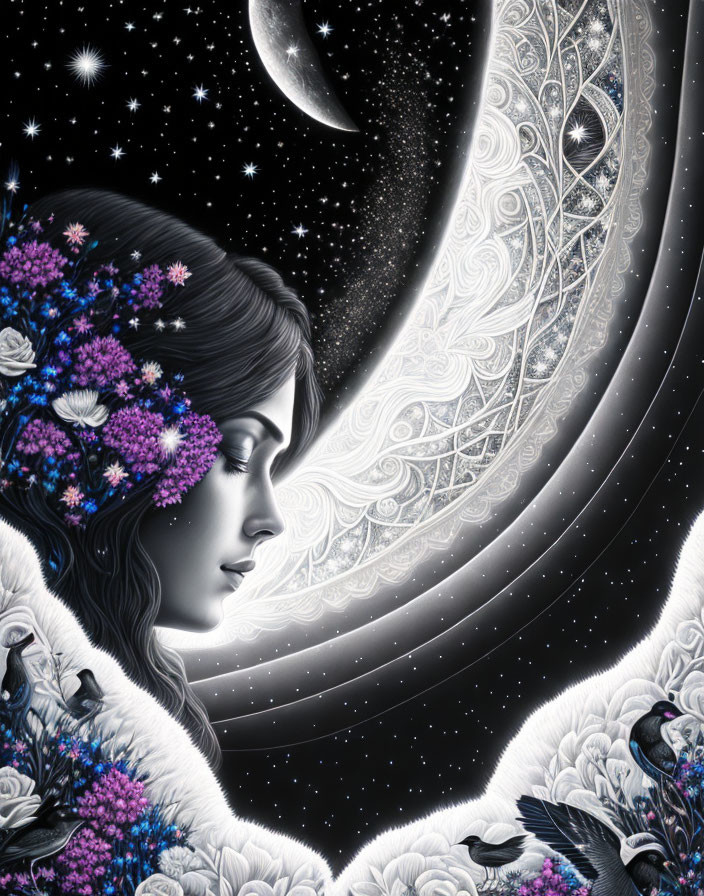 Woman with floral adornments under crescent moon in starlit sky with raven - Illustration