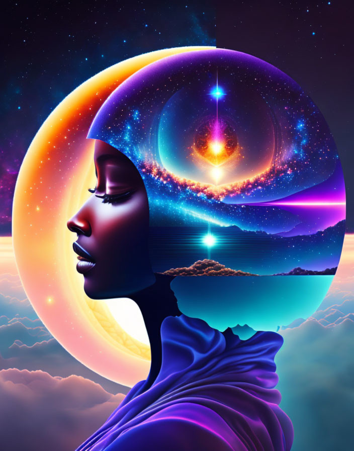 Digital artwork: Woman's profile blends with cosmic elements in vibrant colors, stars, galaxies, and serene