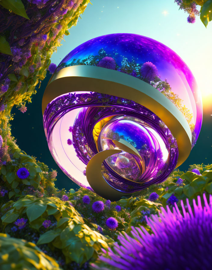 Vibrant surreal landscape with cosmic sphere and vibrant flora