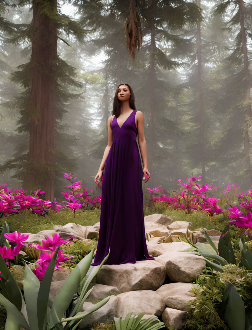 Woman in Purple Dress Surrounded by Flowers and Rocks