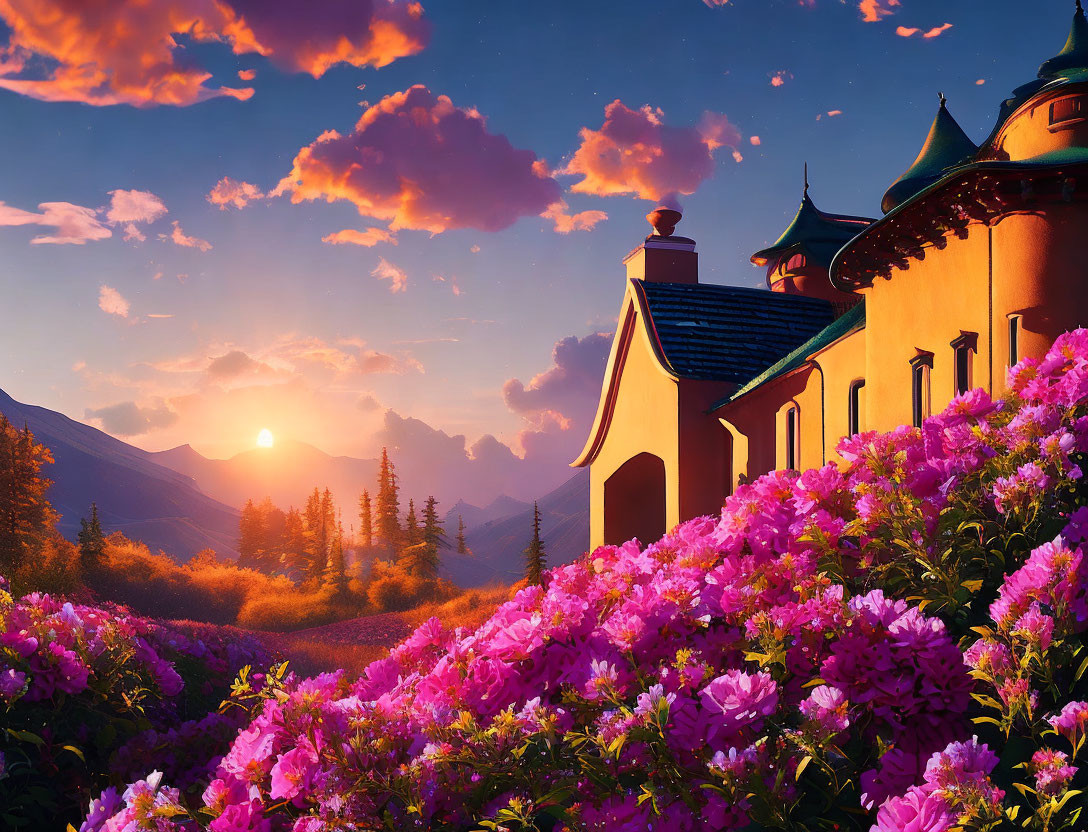 Colorful sunset behind Eastern-style building with pink clouds, purple flowers, and distant mountains.