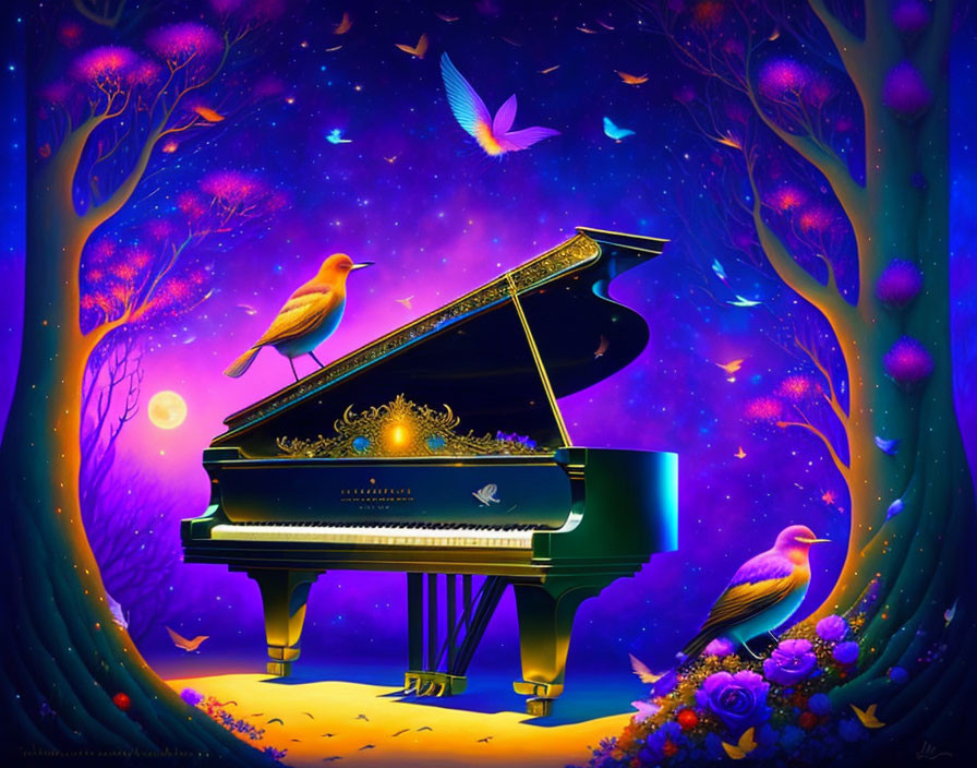 Colorful Grand Piano in Enchanted Forest Scene