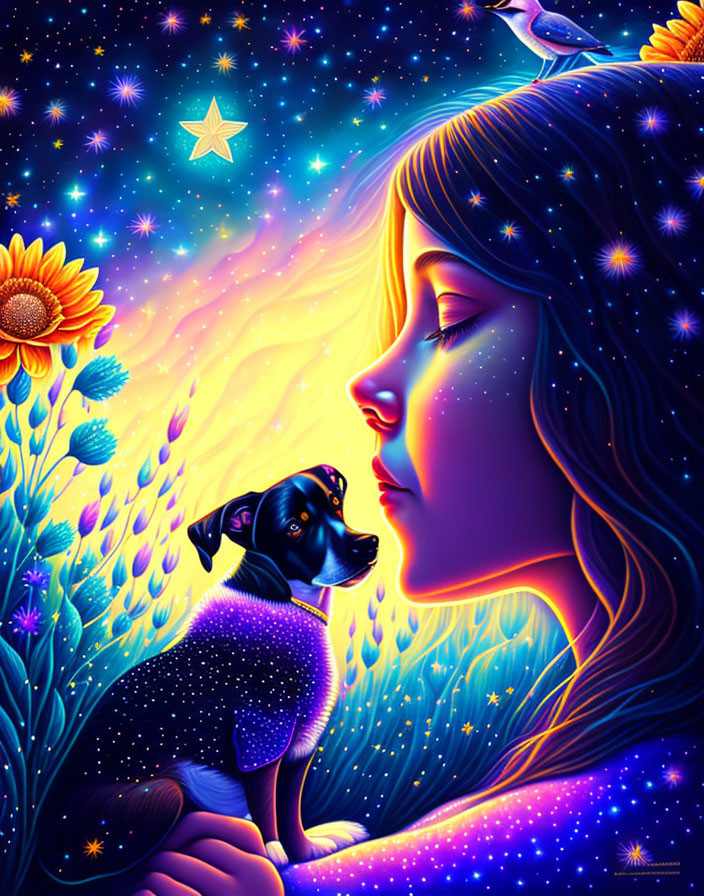 Illustration of girl, dog, sunflowers, bird under starry sky