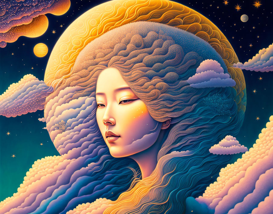 Celestial-themed woman illustration with stars and planets