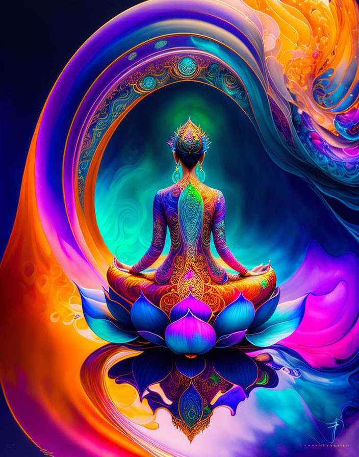 Colorful digital artwork: Figure meditating on lotus flower in psychedelic swirls