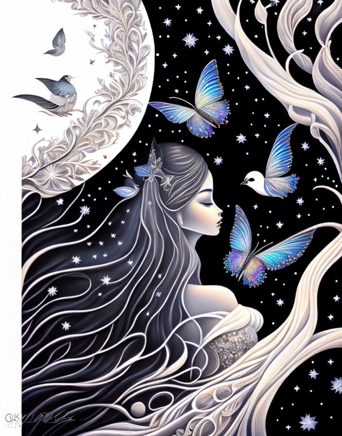 Stylized fantasy illustration of woman with dark hair and celestial motifs