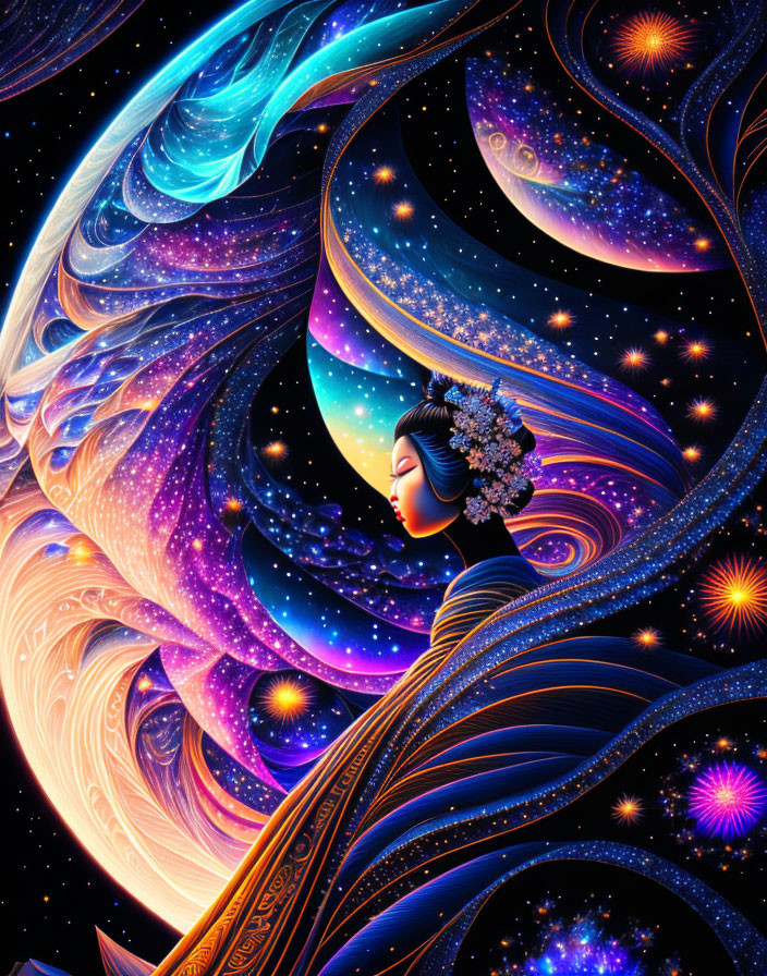 Digital artwork of woman's profile merged with cosmic scene: swirling galaxies, stars, and nebulas