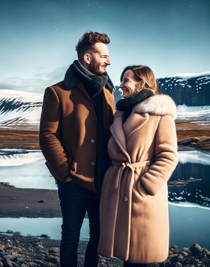 Smiling couple in warm coats by tranquil lake with snowy mountains