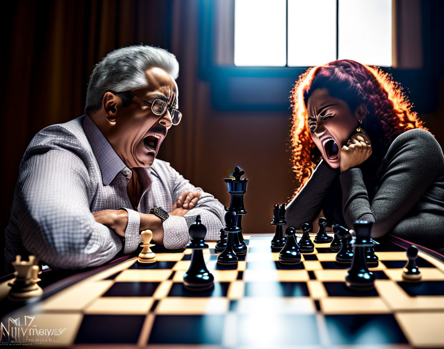 Exaggerated expressions in chess game: shock and triumph.