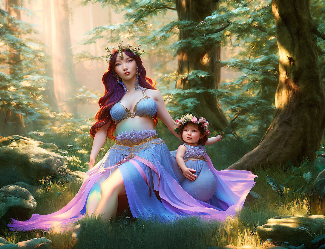 Illustration: Woman with purple hair and child in mystical forest.