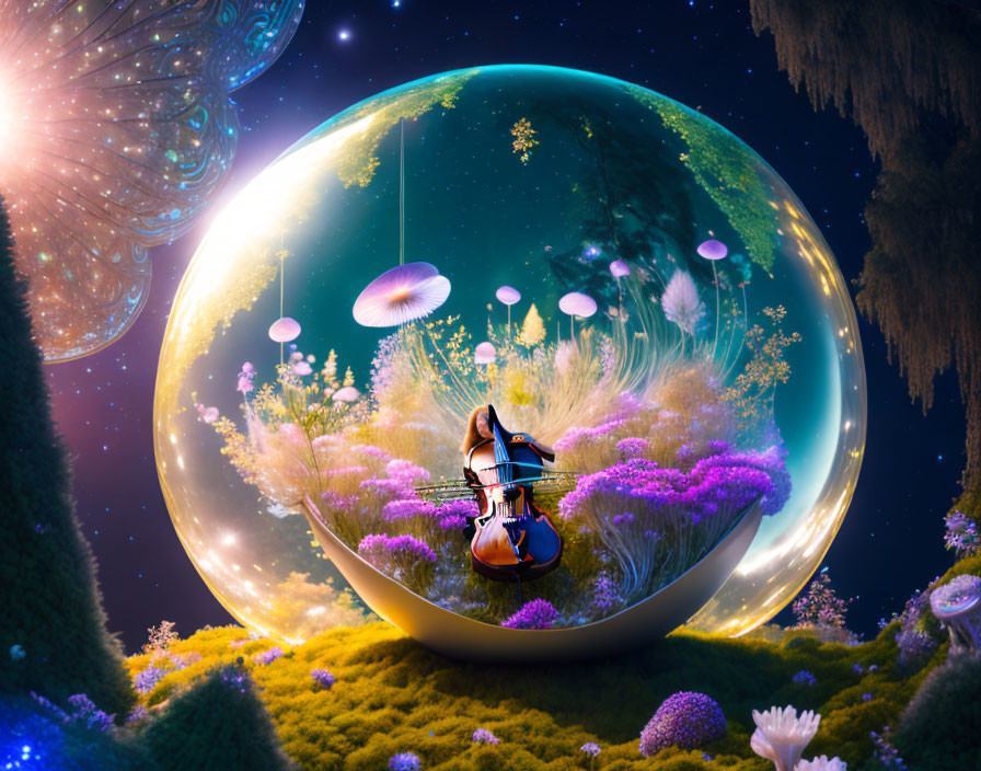 Vibrant surreal landscape with person playing cello in bubble surrounded by mushrooms and flowers