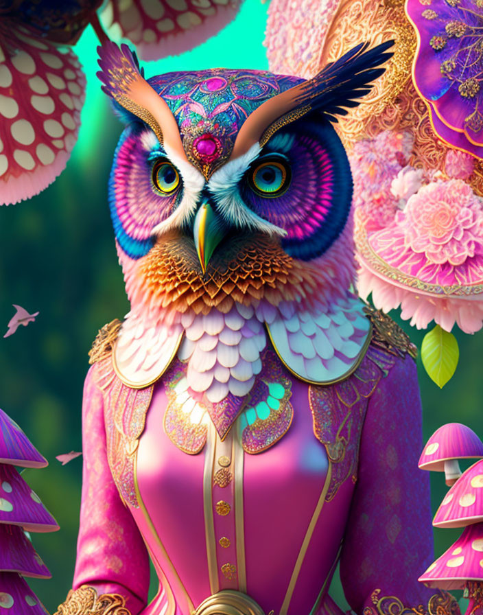 Colorful stylized owl with intricate patterns on ornate floral background