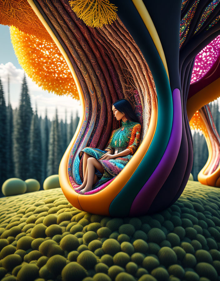 Colorful abstract tree structure in vibrant forest landscape with woman sitting inside