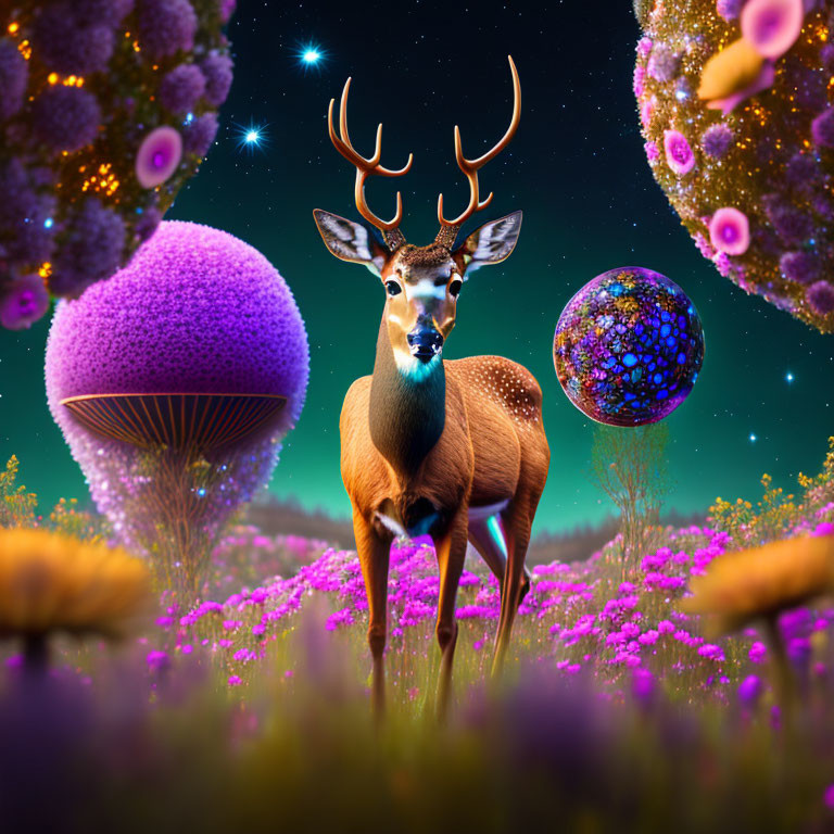 Surreal landscape: deer in purple flower field, glowing trees