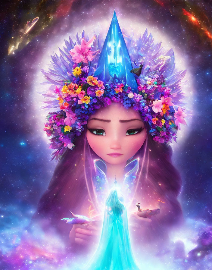 Colorful illustration of mystical figure with crystal crown in cosmic setting