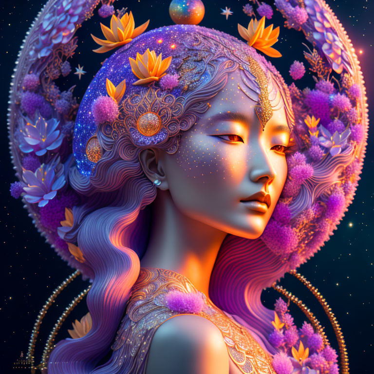 Digital artwork featuring woman with purple and golden fantasy flora and celestial bodies in hair.