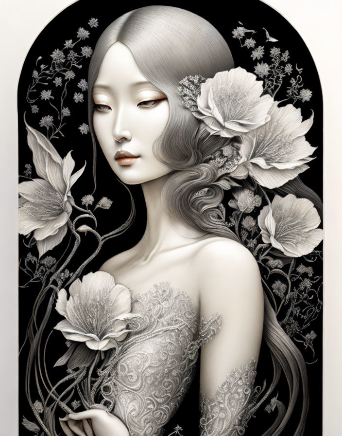 Serene woman illustration with grayscale tones and floral patterns