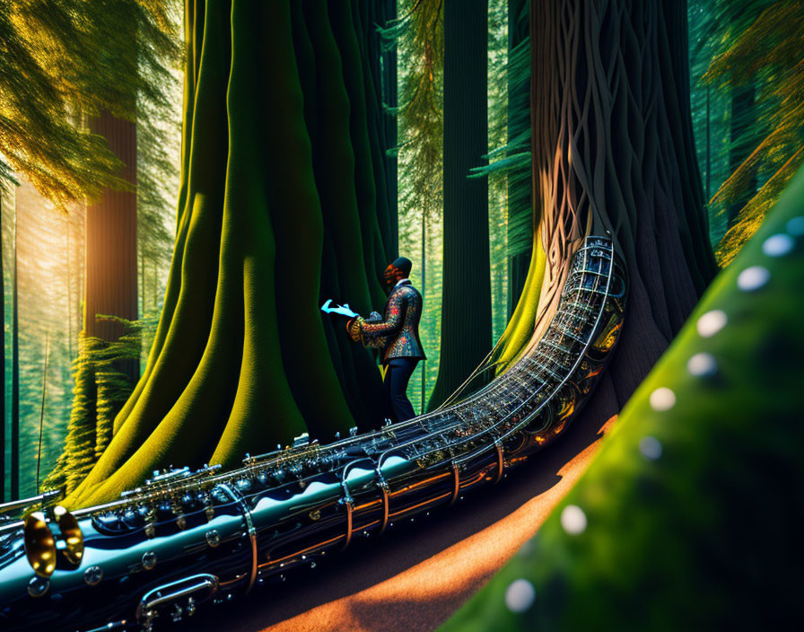 Person on surreal saxophone bridge among giant trees with luminous orb