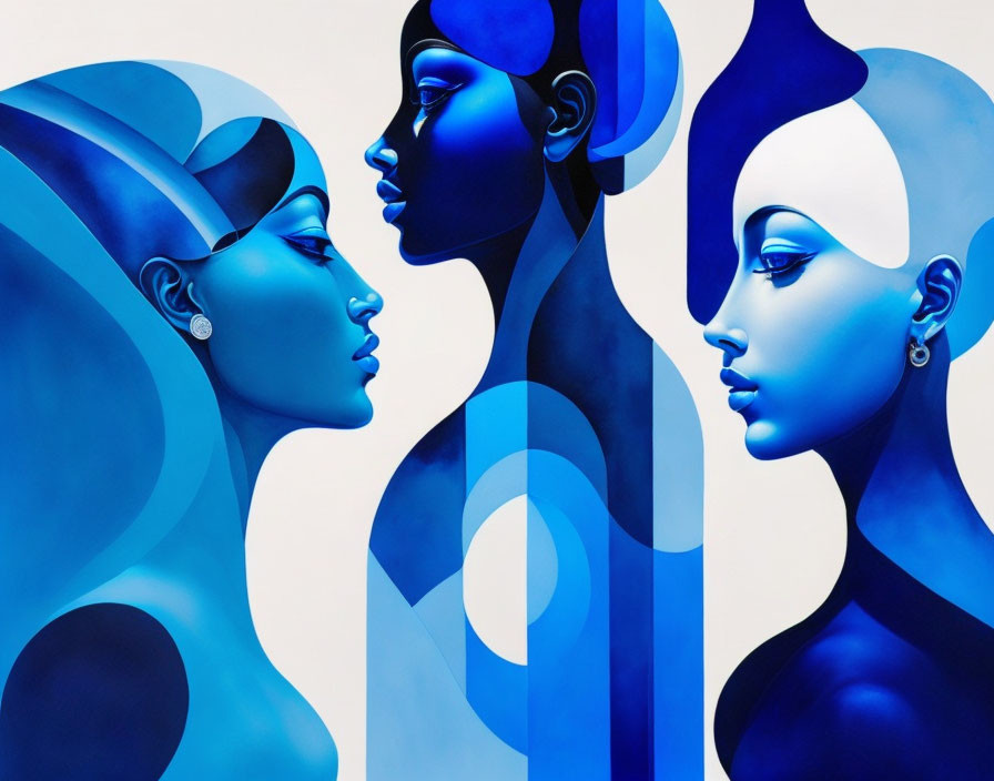 Stylized female profile faces with blue tones and abstract shapes