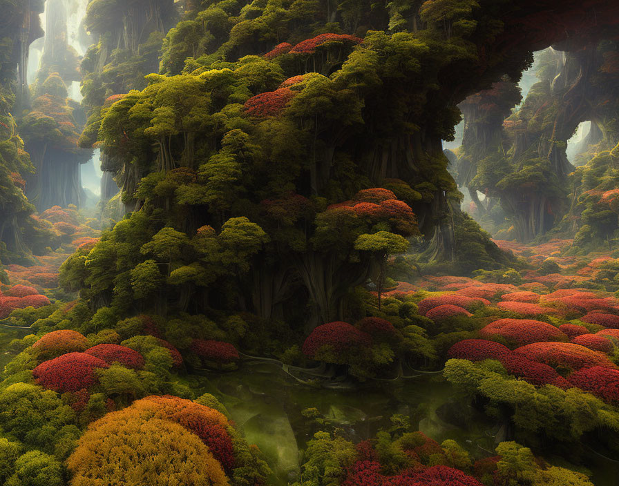 Misty forest with tall red trees and green pond