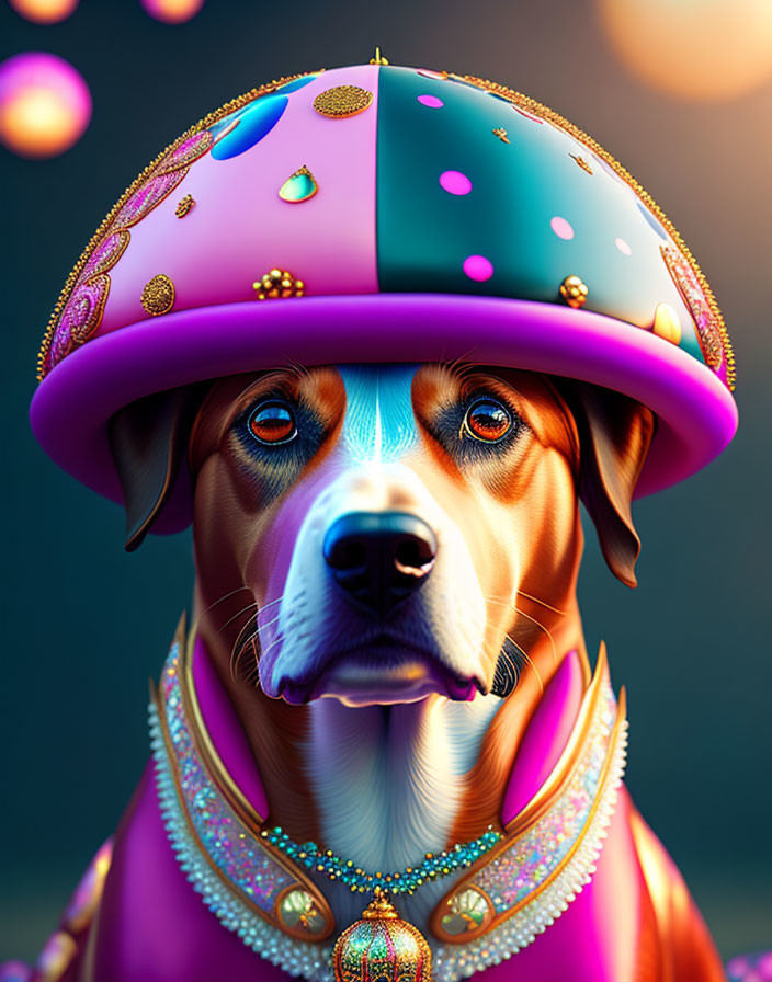 Colorful Helmet and Jeweled Robe Dog Artwork in Stylized Digital Design