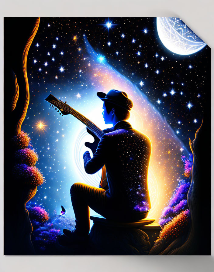 Silhouetted figure playing guitar in cosmic scenery with stars, nebulae, and crescent