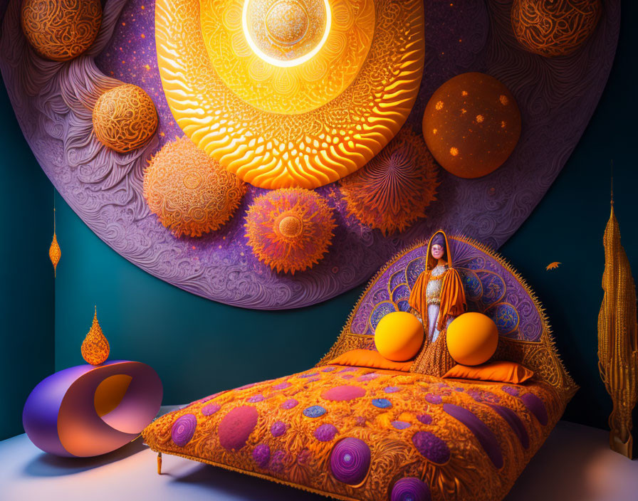 Mystical meditation scene with celestial orbs and intricate designs