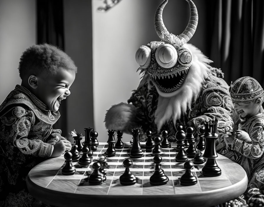 Child playing chess with person in horned monster costume in joyful scene