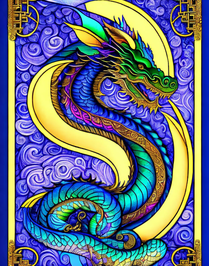 Colorful Stained Glass Dragon Illustration on Purple Background