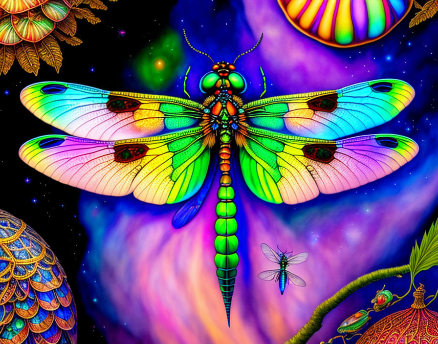 Colorful Psychedelic Artwork: Dragonfly with Cosmic Background