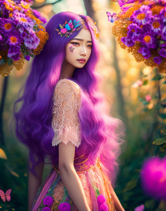 Vibrant purple-haired woman with flowers and butterfly in dreamy floral setting