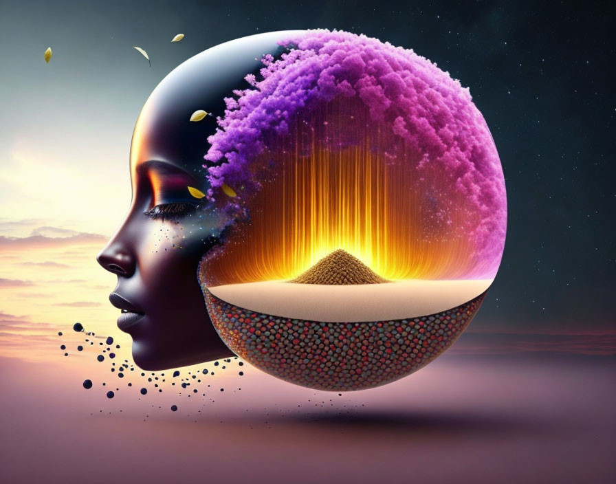 Surreal woman profile with cosmic sphere, purple tree, and desert landscape at twilight