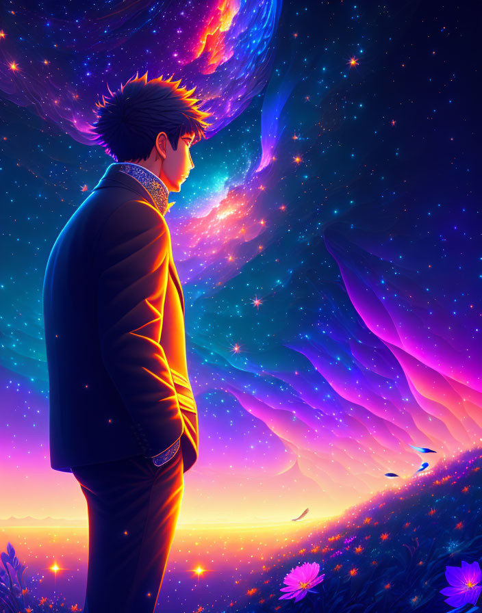 Person in suit admires cosmic sky with stars, nebulae, and galaxies above colorful landscape.