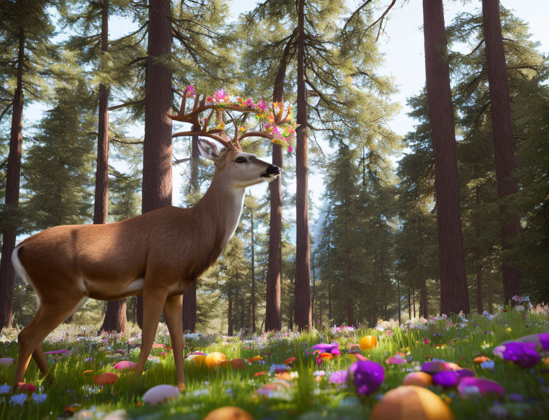 Majestic deer with glowing antlers in sunlit forest glade