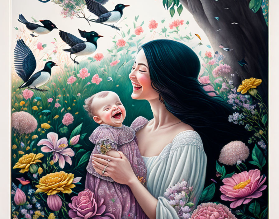 Woman holding laughing baby surrounded by flowers, blackbirds, and green tree.