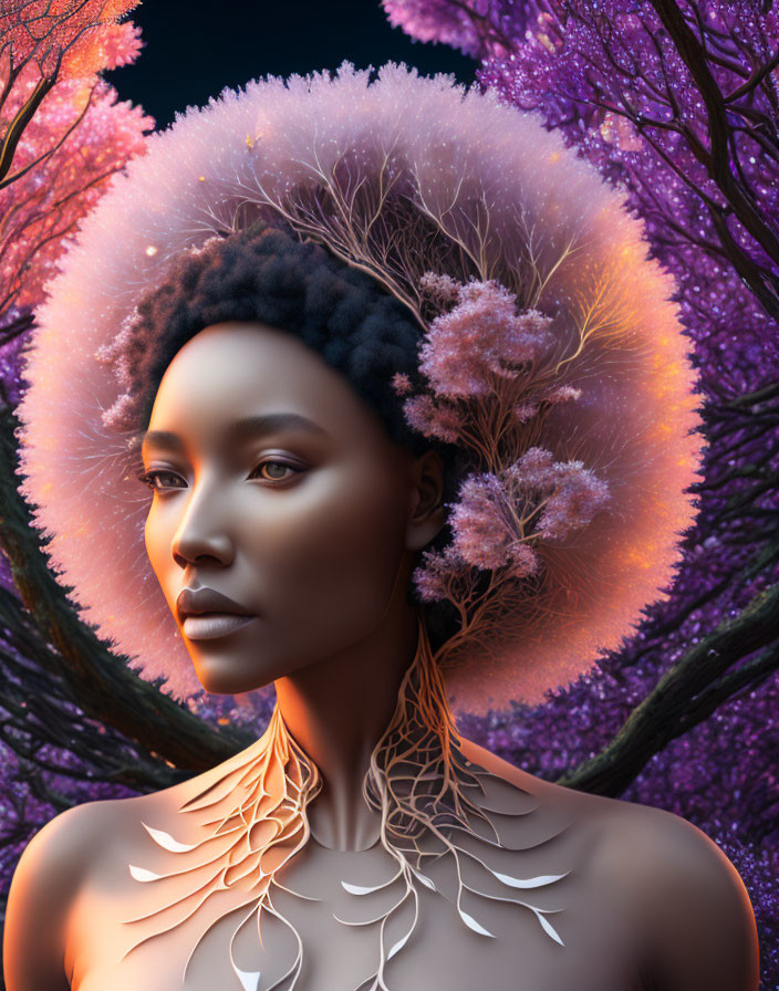 Surreal woman with tree branch necklines and pink tree halo in purple foliage