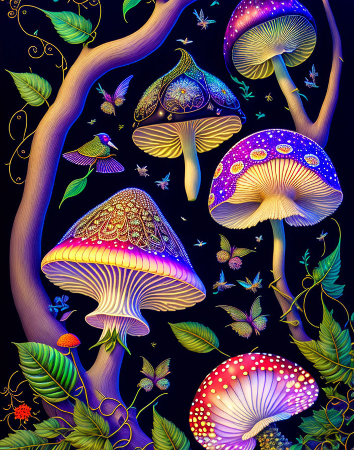 Colorful whimsical mushroom illustration with intricate patterns, surrounded by glowing foliage, birds, and butterflies.