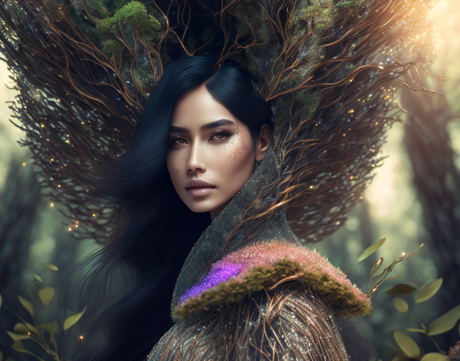 Fantasy portrait of woman with tree-like headdress in mystical forest.