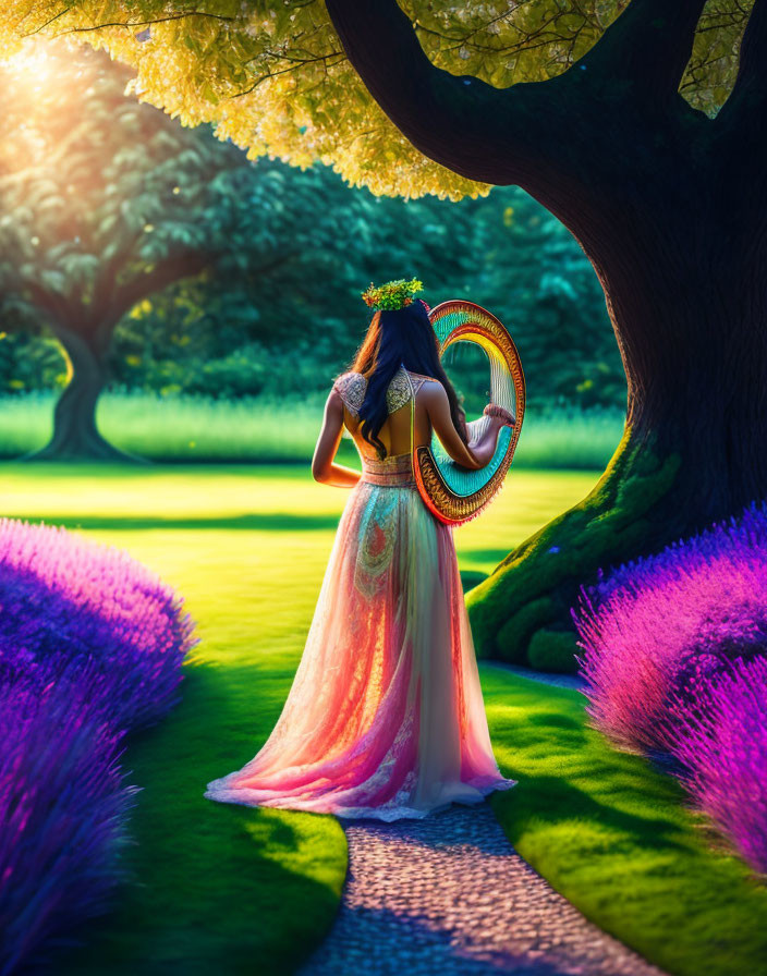 Woman in flowing dress plays harp in vibrant garden with purple flora