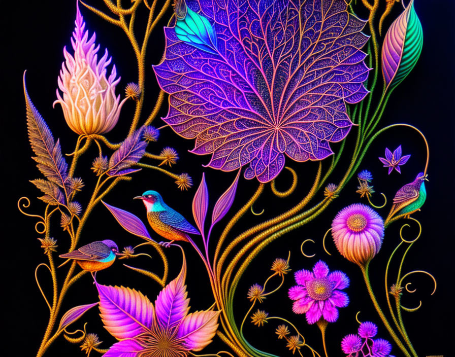 Colorful digital artwork: stylized flora, fauna, ornate flowers, leaves, birds, intricate