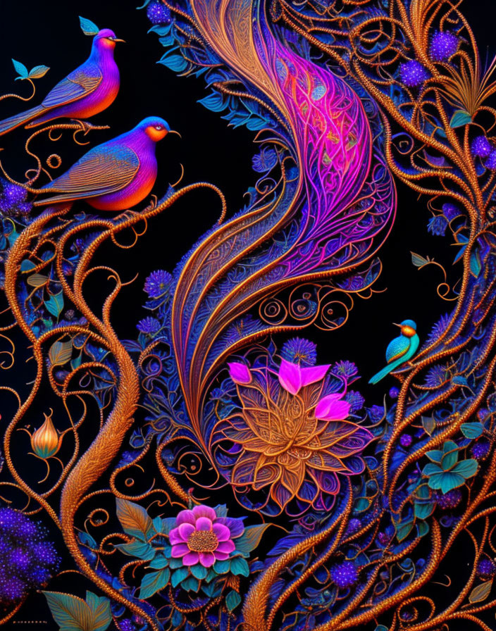 Colorful Digital Art: Stylized Birds and Flora in Neon Patterns