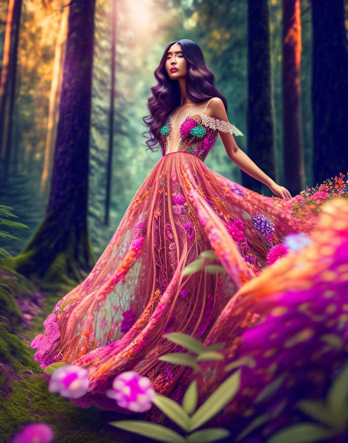 Woman in vibrant floral dress in mystical forest with sunlight filtering.