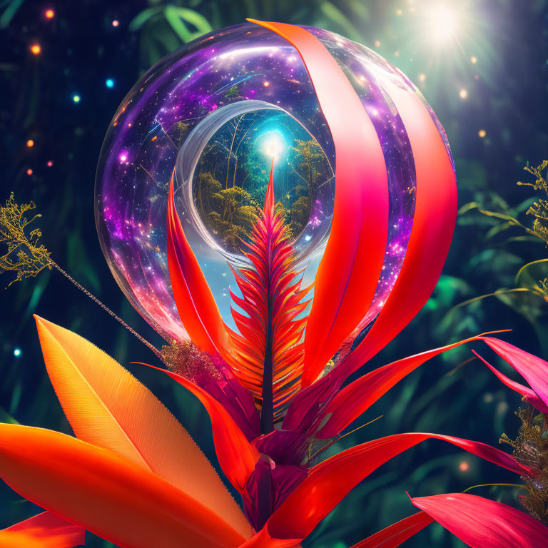 Colorful digital artwork: cosmic swirl, glassy bubble, vivid flower, lush greenery