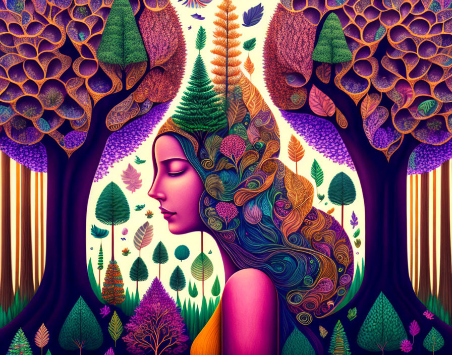 Colorful Woman with Nature-Inspired Hair in Whimsical Forest Illustration