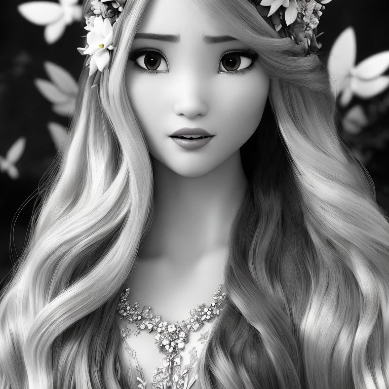 Detailed Monochrome Illustration of Animated Female Character with Flowery Hair and Necklace