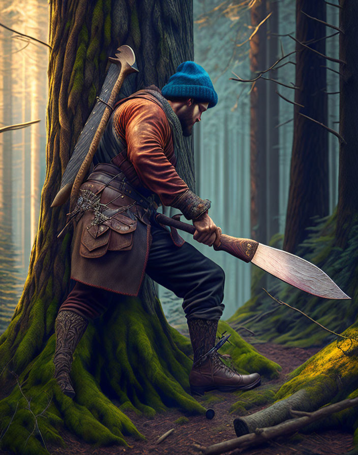 Medieval woodsman in blue cap with axe by large tree in sunlit forest