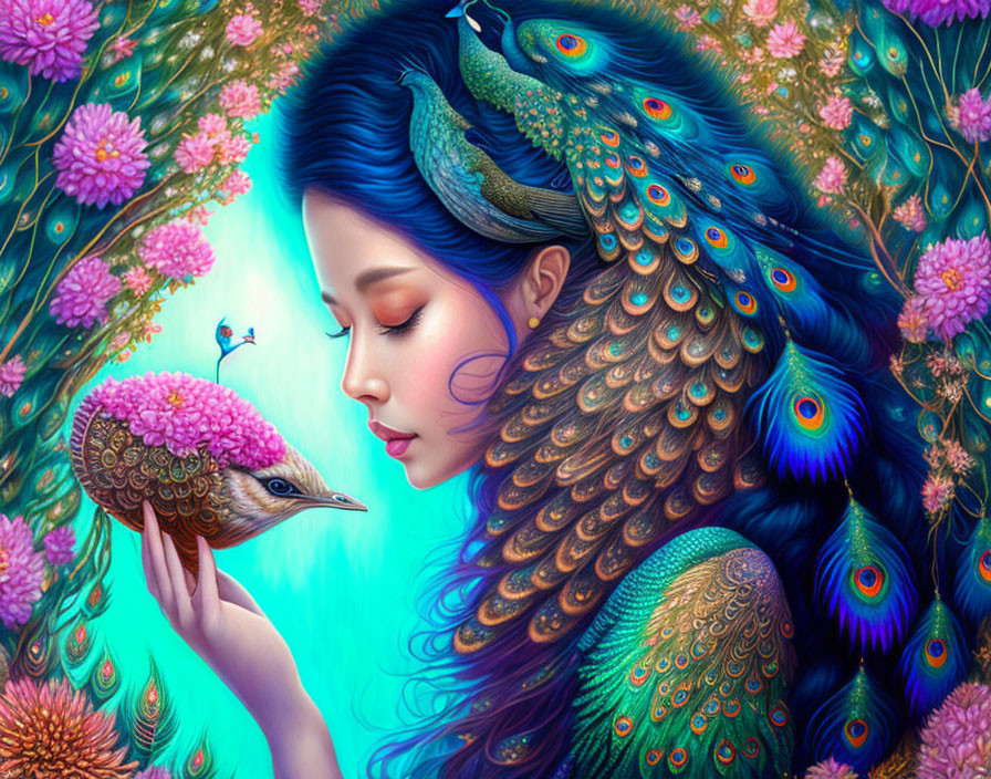 Illustration of woman with peacock features holding bird in floral setting