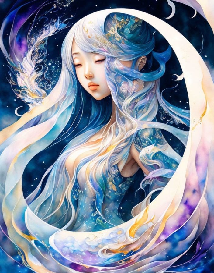 Fantasy illustration of woman with blue hair and cosmic elements framed by crescent moon