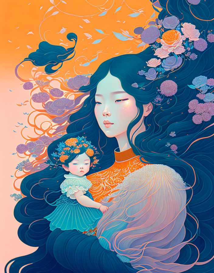 Illustration of woman and child with flowers on warm background