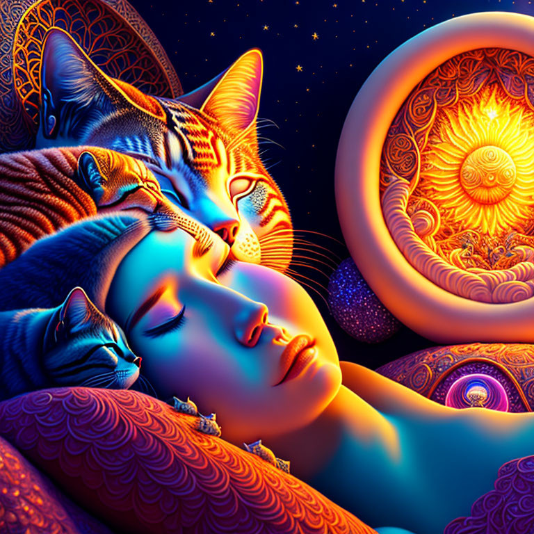 Digital Art: Woman with Cats in Cosmic Setting